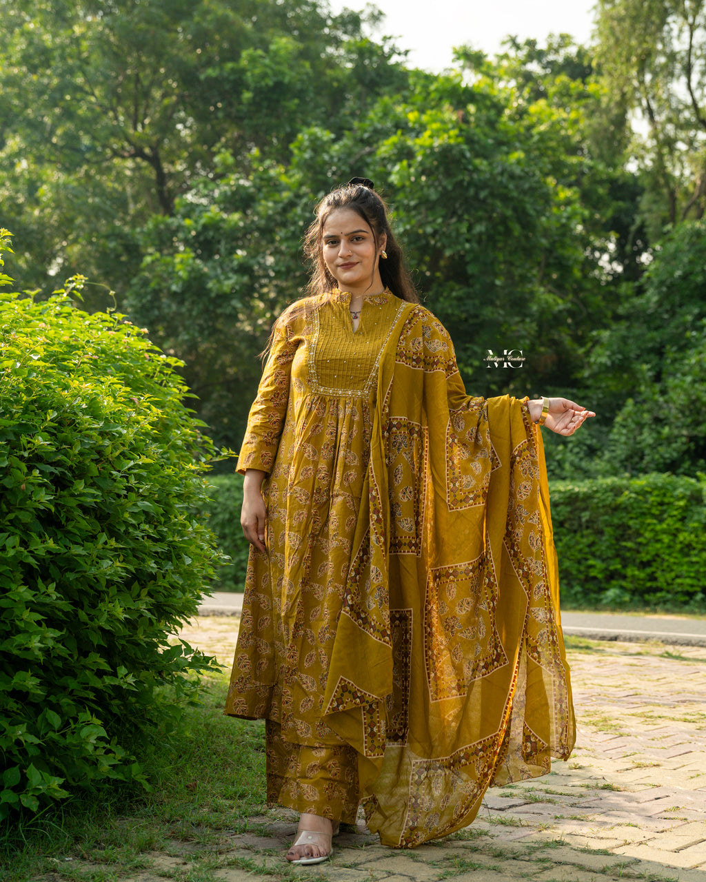 Mustard Floral Anarkali Set with Dupatta