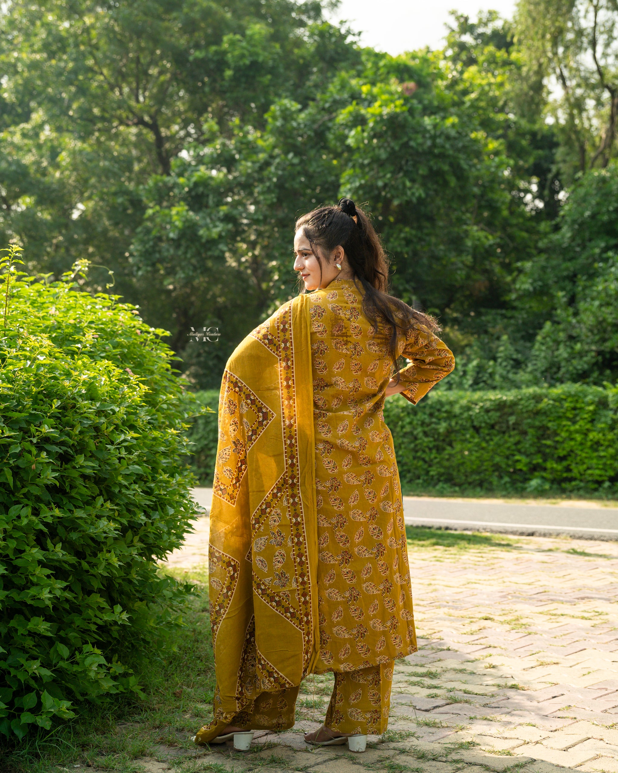 Mustard Floral Anarkali Set with Dupatta