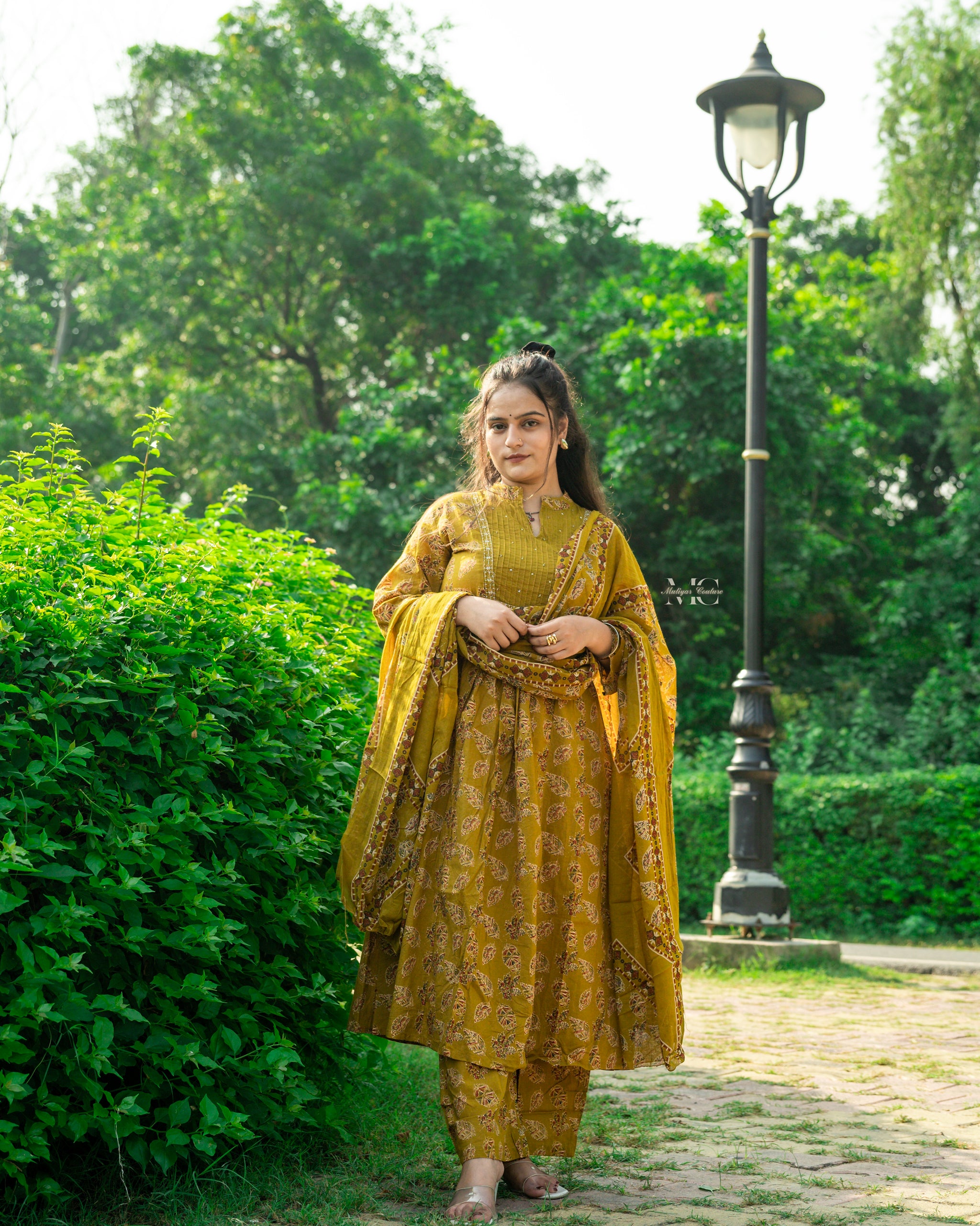 Mustard Floral Anarkali Set with Dupatta