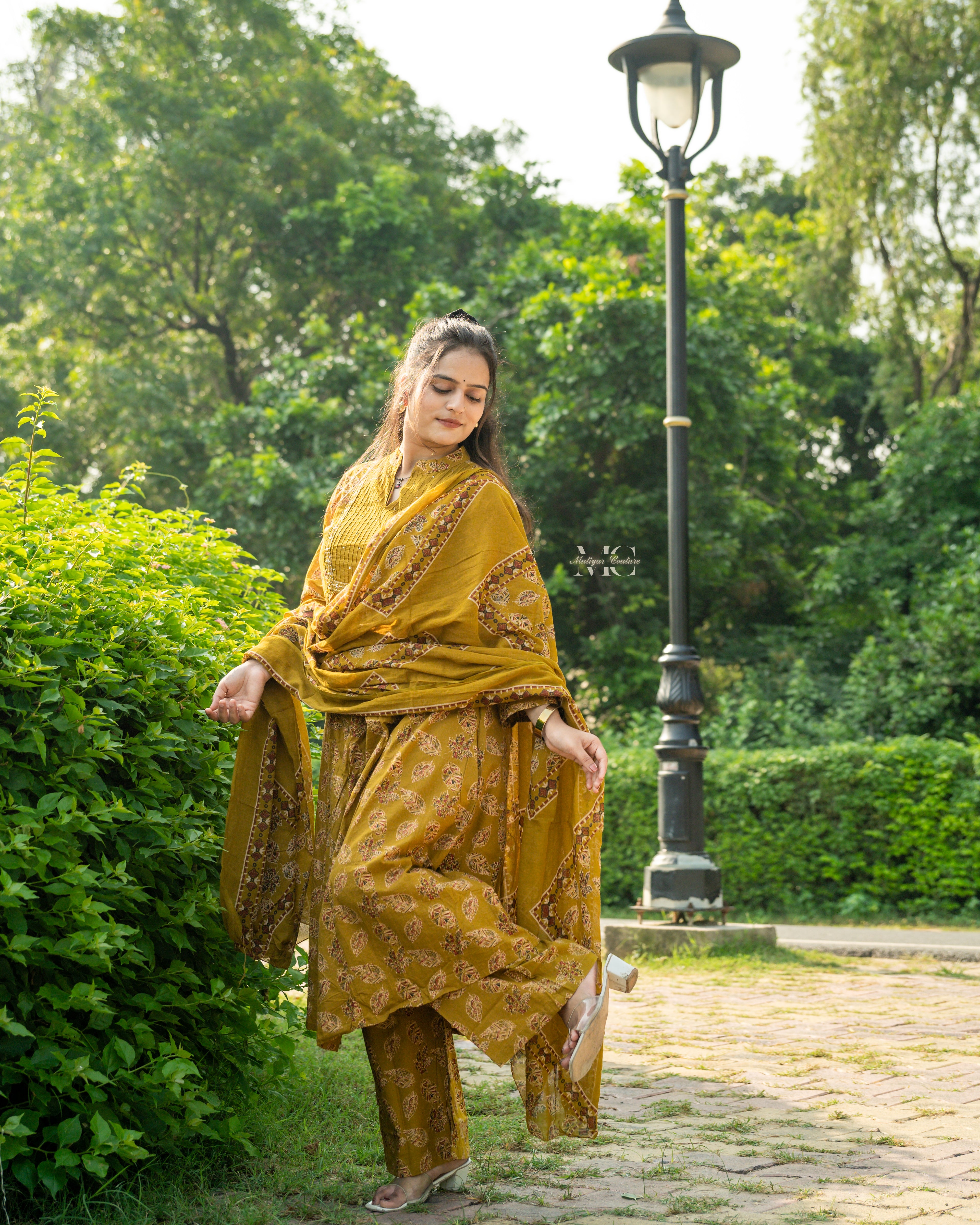 Mustard Floral Anarkali Set with Dupatta