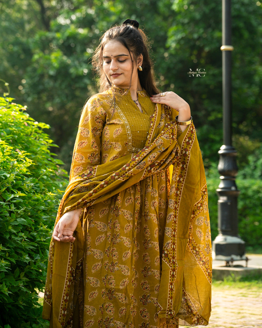 Mustard Floral Anarkali Set with Dupatta