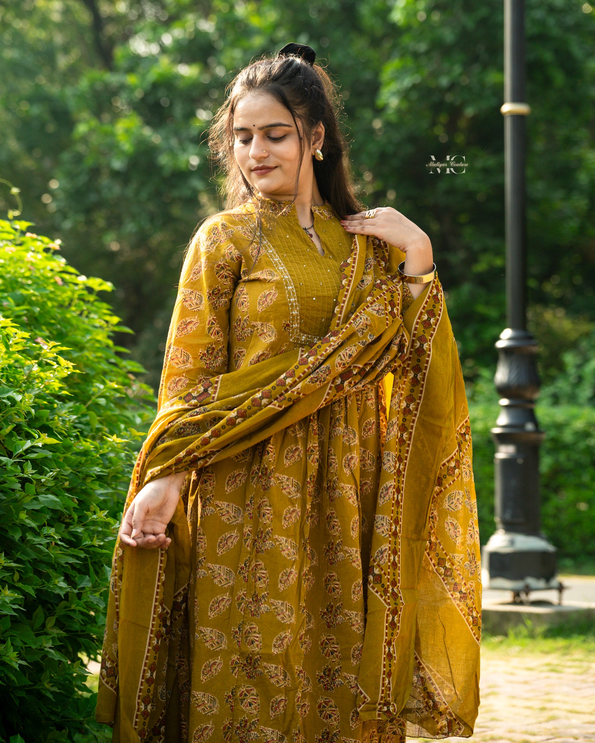 Mustard Floral Anarkali Set with Dupatta