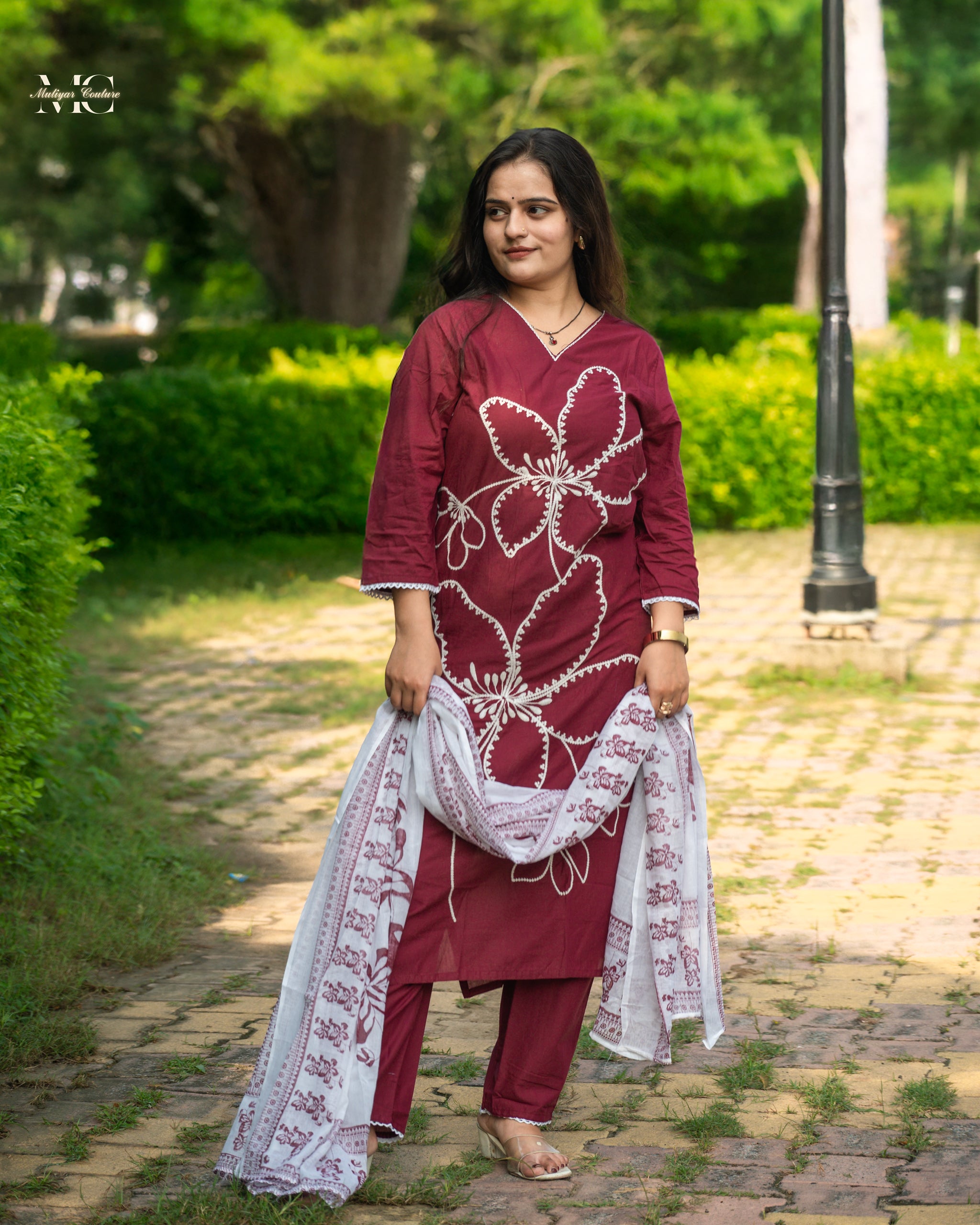 Wine Maroon Cotton Embroidered Kurta Set with Printed Dupatta