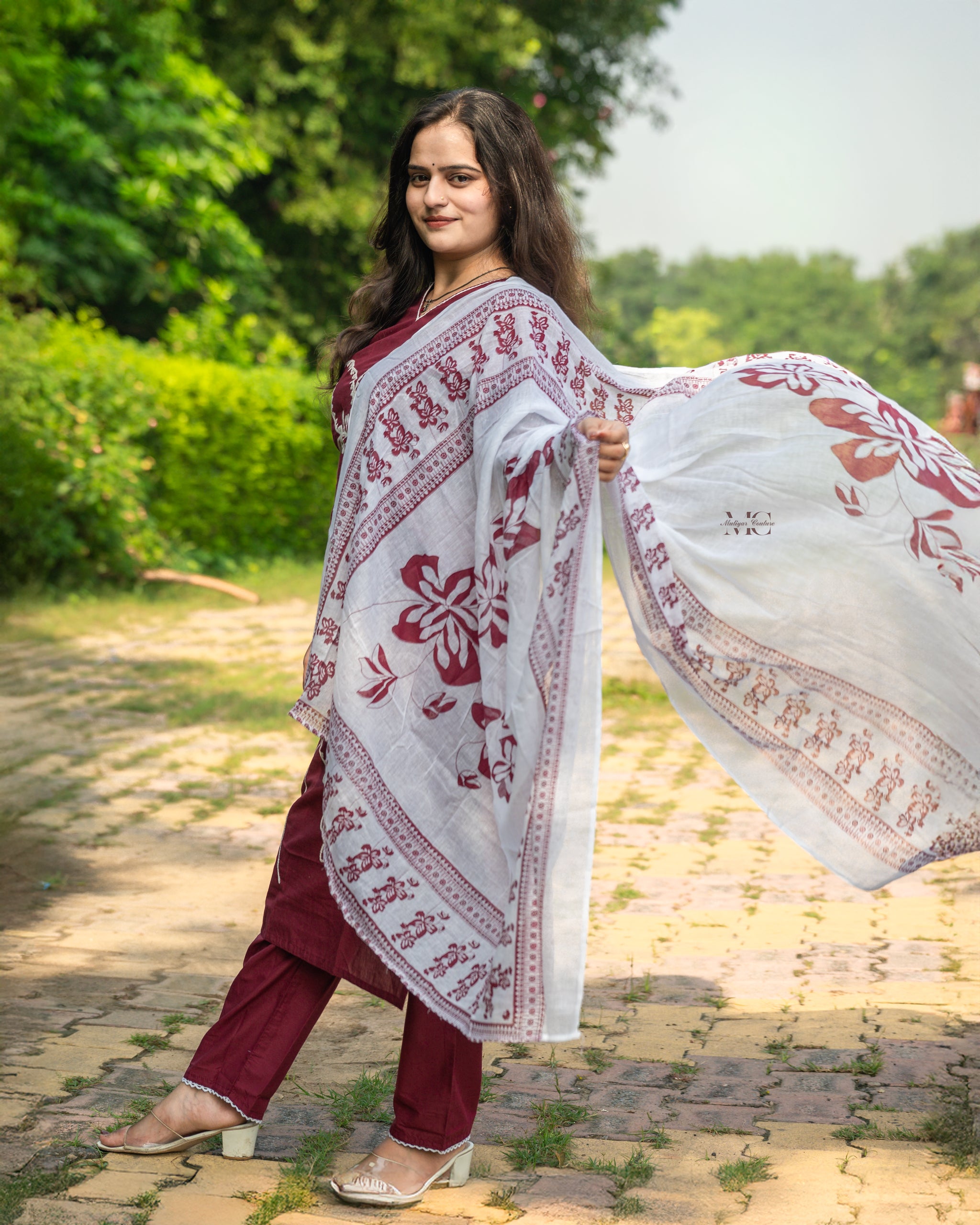 Wine Maroon Cotton Embroidered Kurta Set with Printed Dupatta
