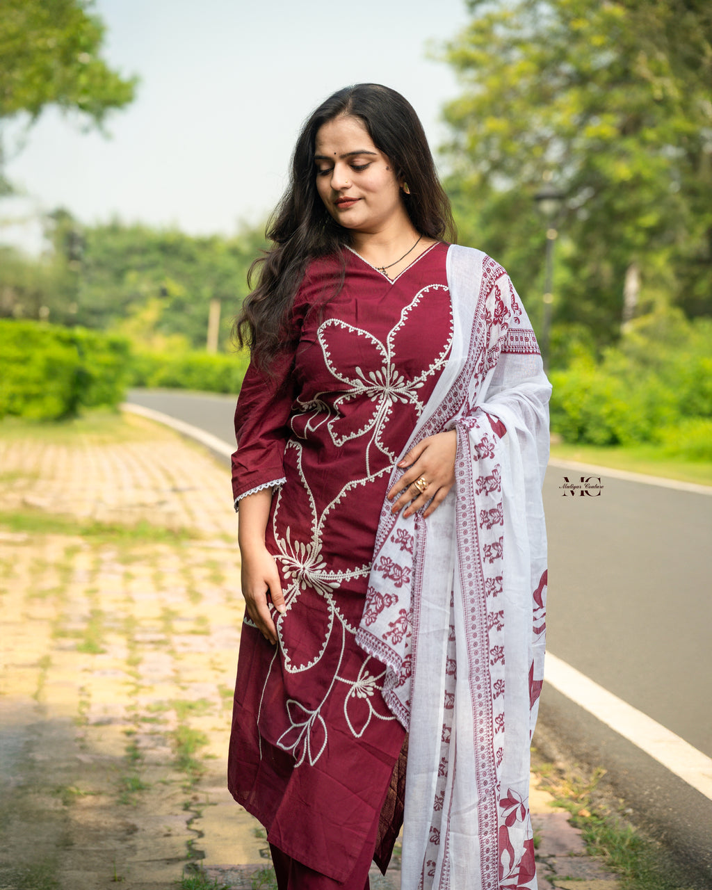 Wine Maroon Cotton Embroidered Kurta Set with Printed Dupatta