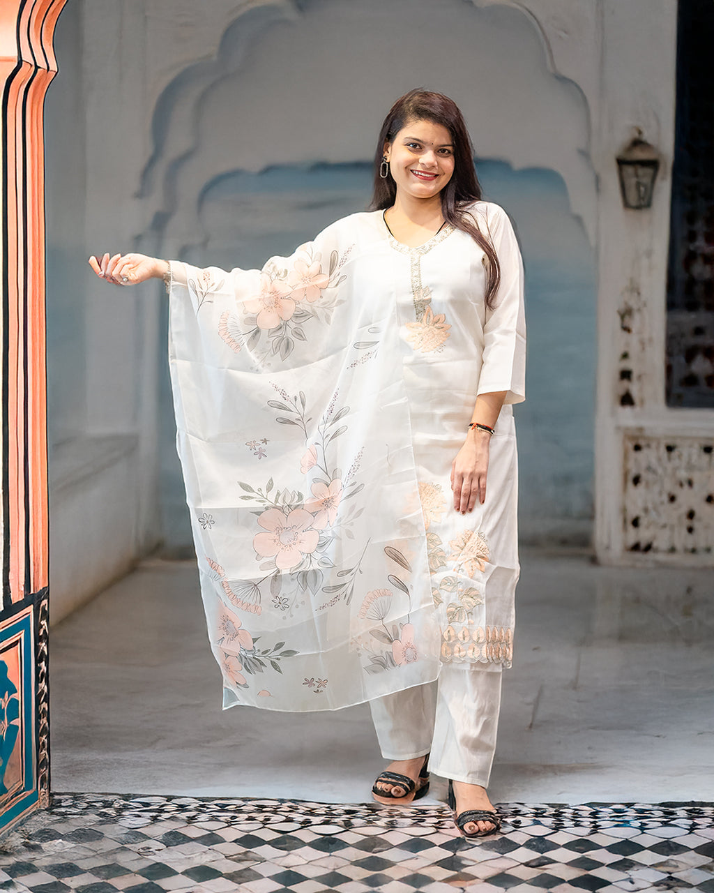 Chandni White Suit Set with Delicate Thread Embroidery
