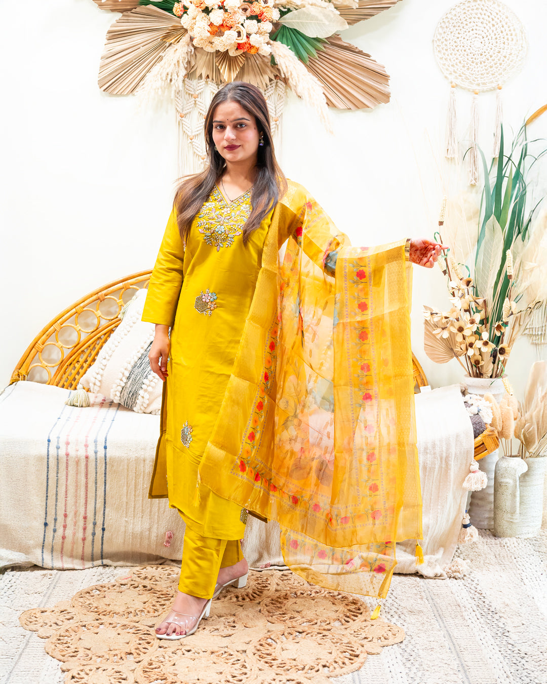 Suraj Yellow Silk Blend Suit Set with Organza Dupatta