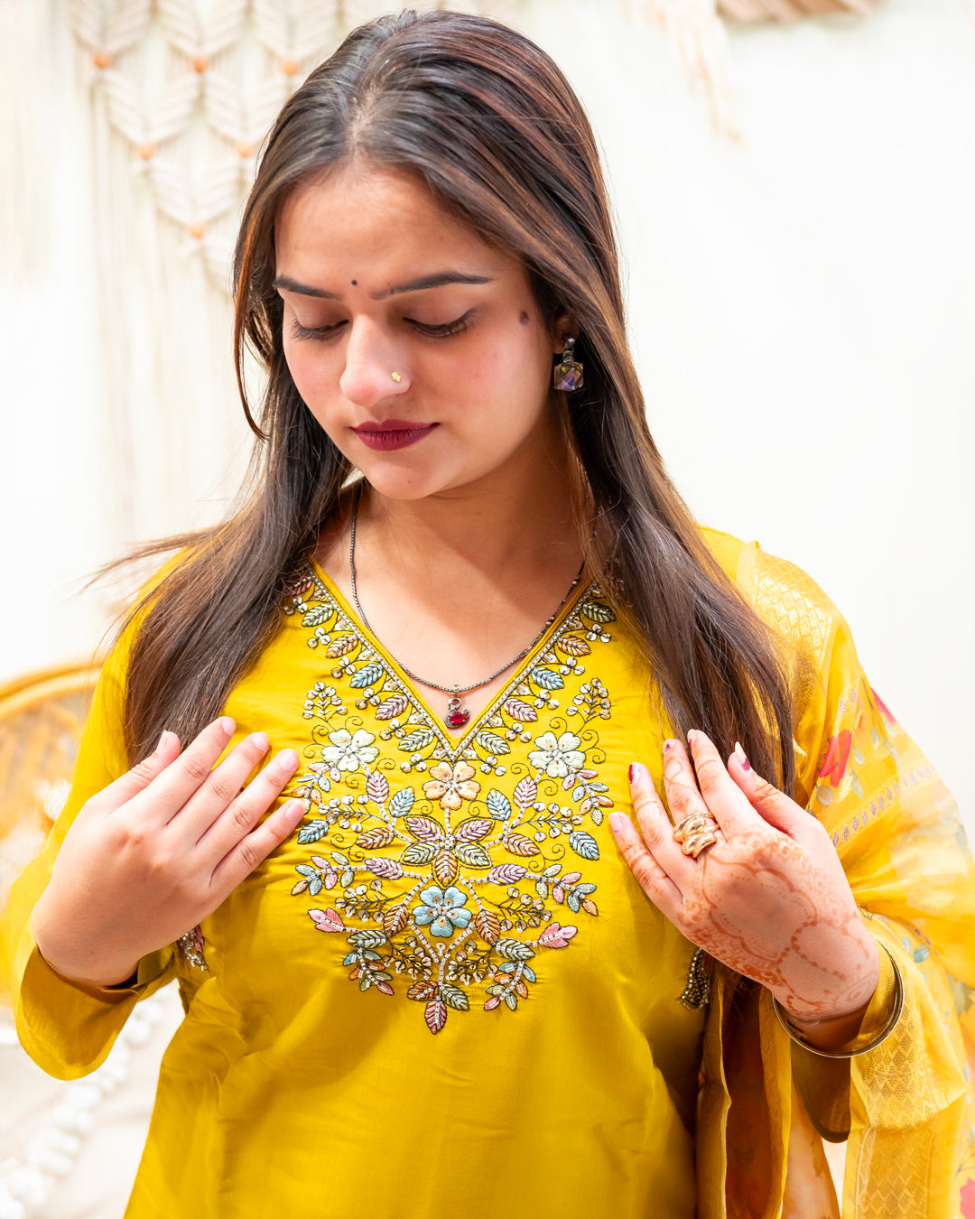 Suraj Yellow Silk Blend Suit Set with Organza Dupatta