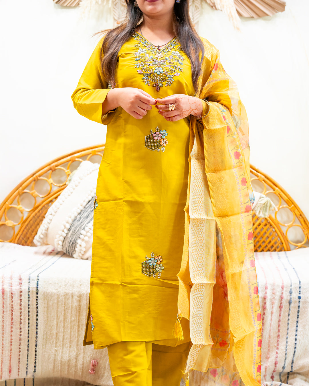 Suraj Yellow Silk Blend Suit Set with Organza Dupatta
