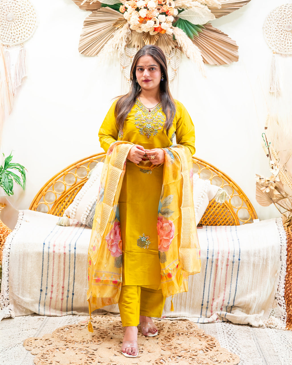 Suraj Yellow Silk Blend Suit Set with Organza Dupatta