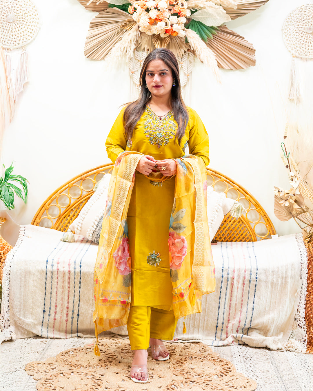 Suraj Yellow Silk Blend Suit Set with Organza Dupatta