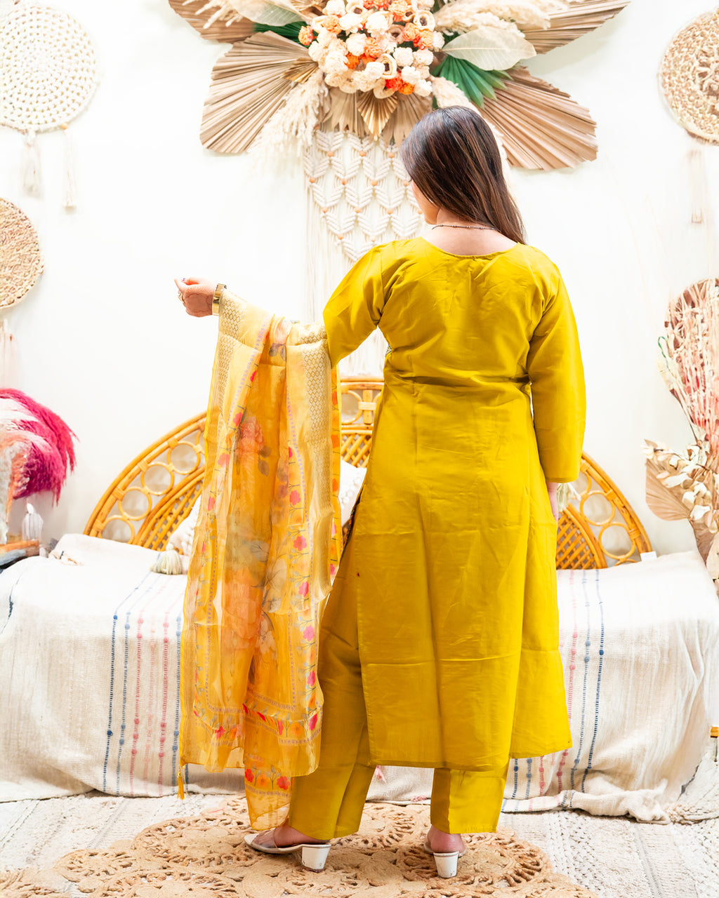 Suraj Yellow Silk Blend Suit Set with Organza Dupatta