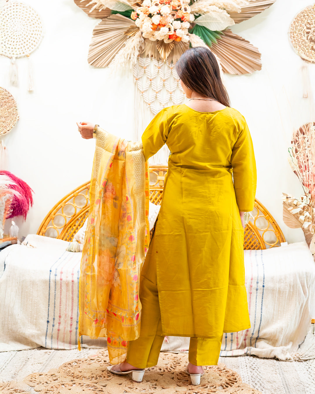 Suraj Yellow Silk Blend Suit Set with Organza Dupatta