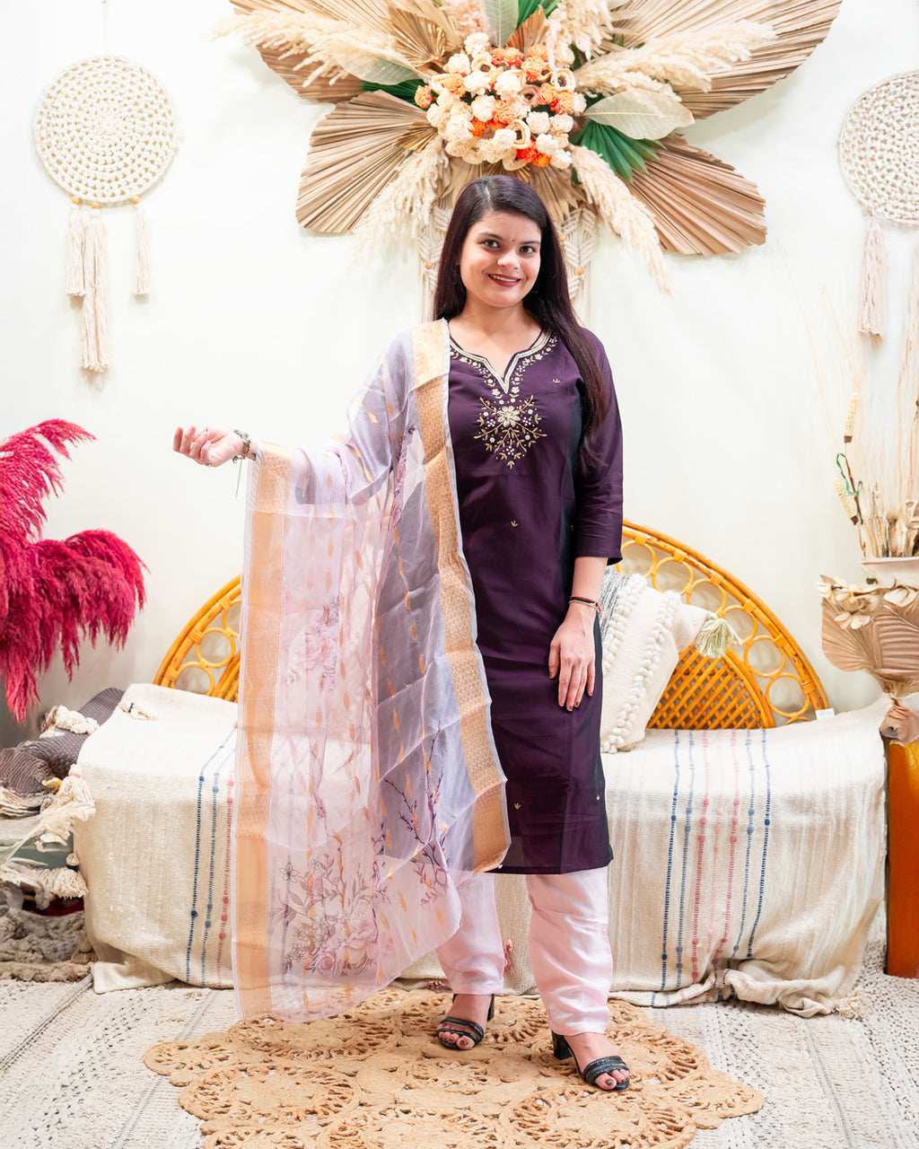 Regal Plum Purple Kurta Set with Contrasting Pink Pants & Floral Dupatta