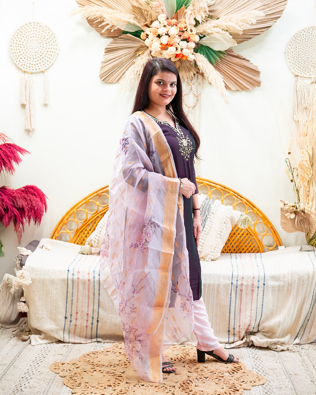 Regal Plum Purple Kurta Set with Contrasting Pink Pants & Floral Dupatta
