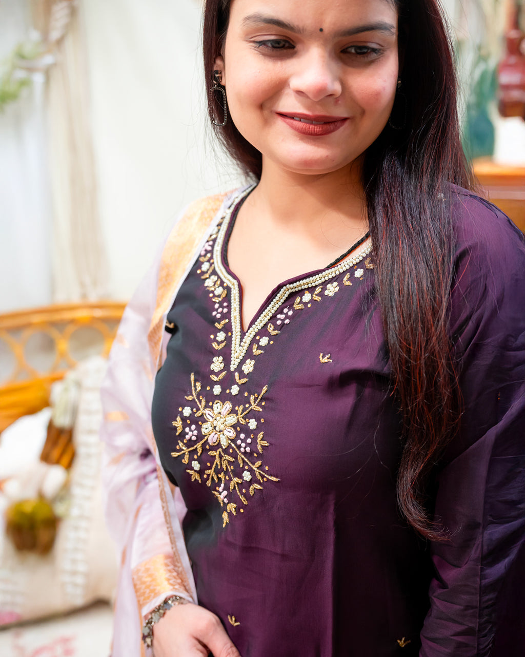 Regal Plum Purple Kurta Set with Contrasting Pink Pants & Floral Dupatta