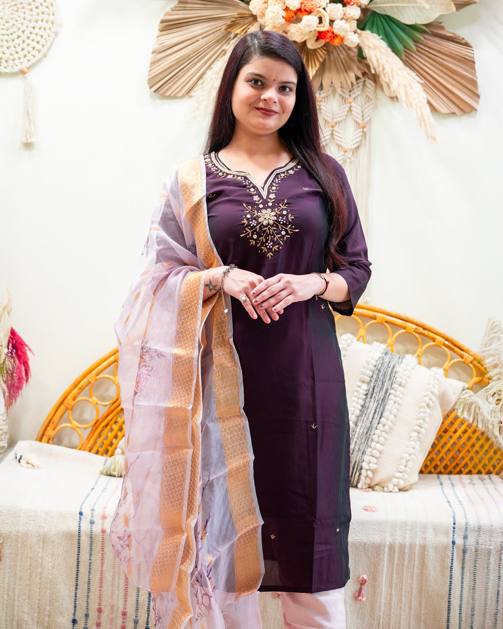 Regal Plum Purple Kurta Set with Contrasting Pink Pants & Floral Dupatta