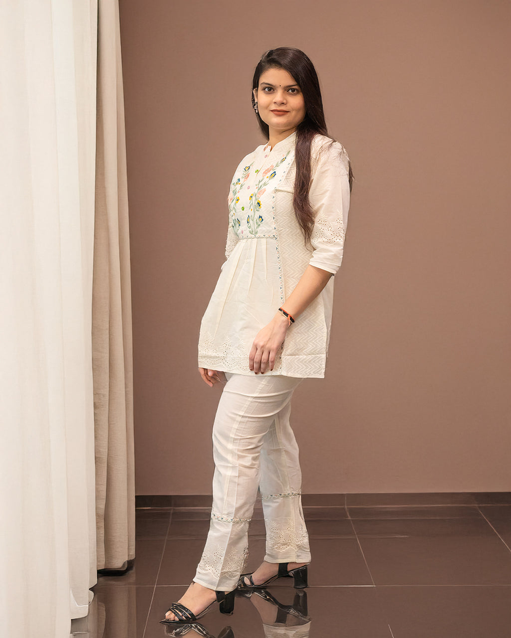 The 'Bahaar' White Embroidered Short Kurta Set