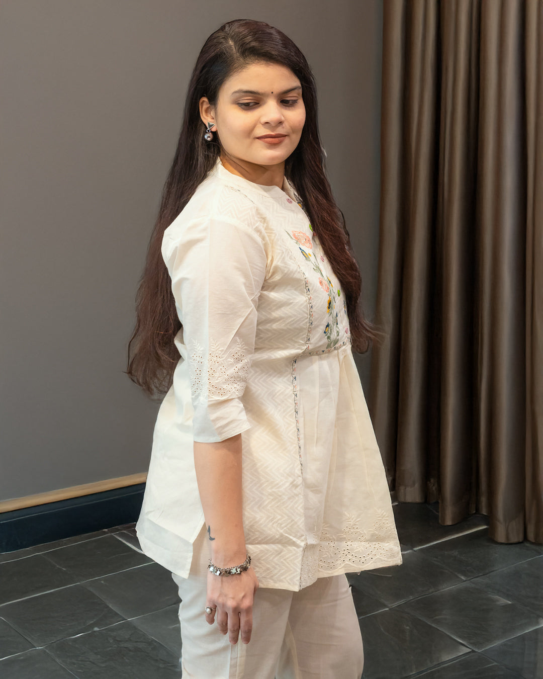 The 'Bahaar' White Embroidered Short Kurta Set