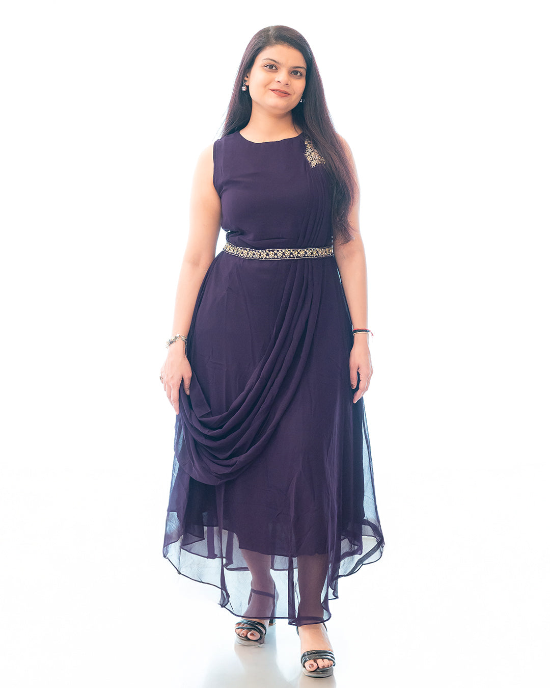 Purple Georgette Drape Midi Dress with Embellished Belt
