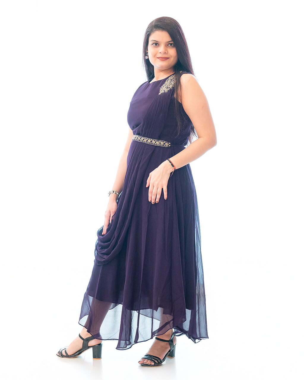 Purple Georgette Drape Midi Dress with Embellished Belt