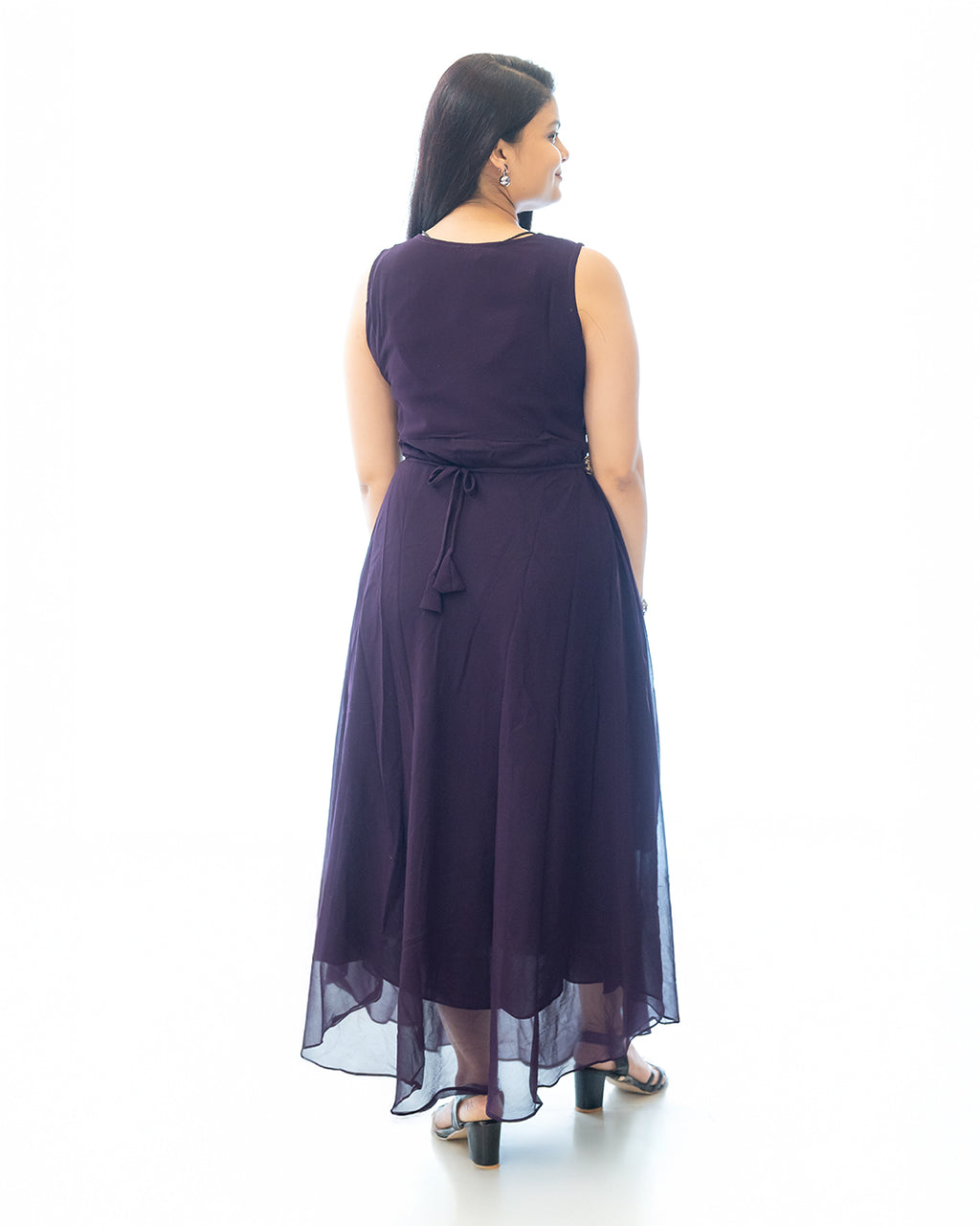 Purple Georgette Drape Midi Dress with Embellished Belt
